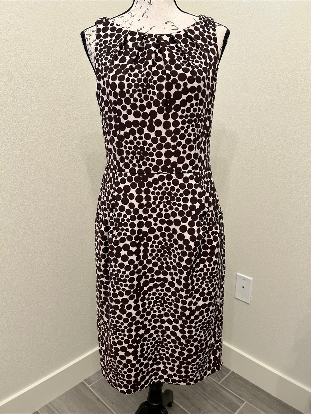 Sleeveless Polka Dot Sheath Dress in Brown and Cream
